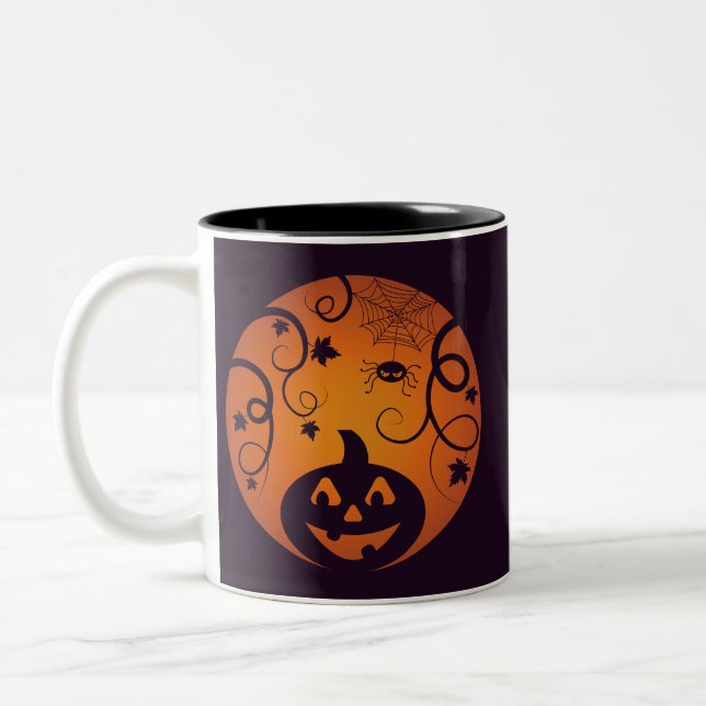 Halloween Jack o lantern pumpkin face and spider Two-Tone Coffee Mug (Left)