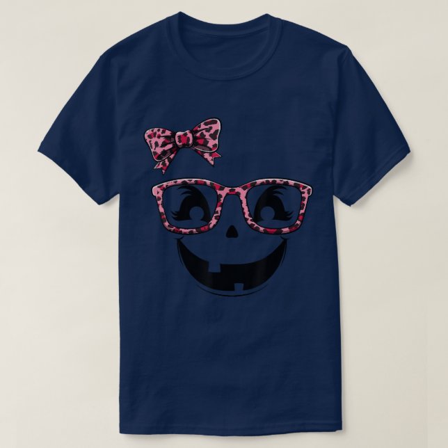 Halloween Jack O Lantern Pumpkin Face Leopard Bow  T-Shirt (Design Front)