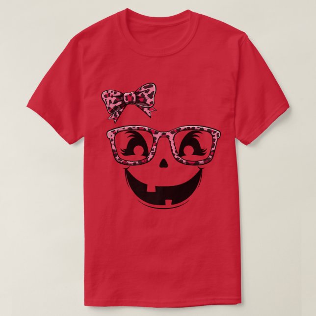 Halloween Jack O Lantern Pumpkin Face Leopard Bow  T-Shirt (Design Front)