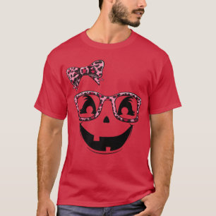 Halloween Jack O Lantern Pumpkin Face Leopard Bow T-Shirt