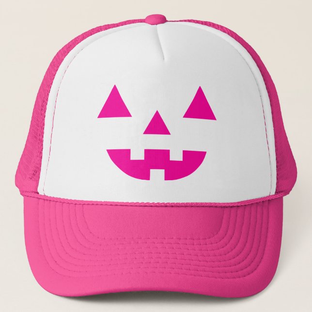Halloween Jack O Lantern Pumpkin Face Pink Trucker Hat (Front)