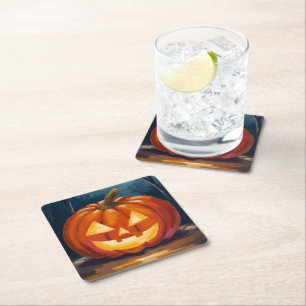 Halloween Jack-O-Lantern Pumpkin Square Paper Coaster