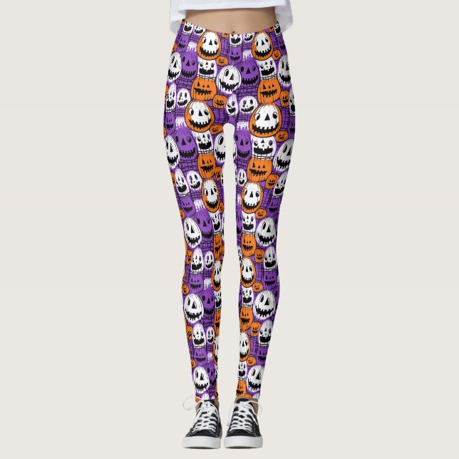 Halloween Jack-O’-Lantern - Purple, Orange, White Leggings (Front)