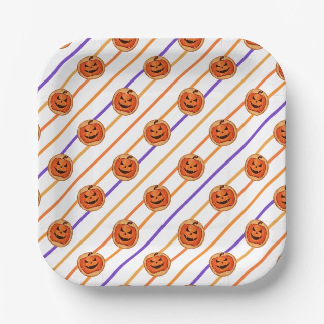 Halloween Jack-O-Lantern Stripe Paper Plate (Front)