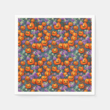 Halloween Jack-o'-lanterns And Purple Flowers