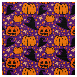 Halloween Jack O'Lantern And Witch Hat Purple  Fabric