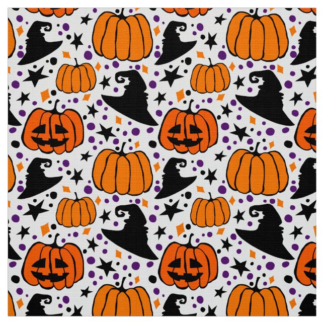 Halloween Jack O'Lantern And Witch Hat White Fabric (Swatch)