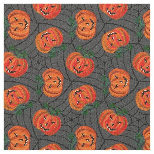 Halloween Jack o'lantern Cobwebs Pattern Pumpkins Fabric (Close Up)