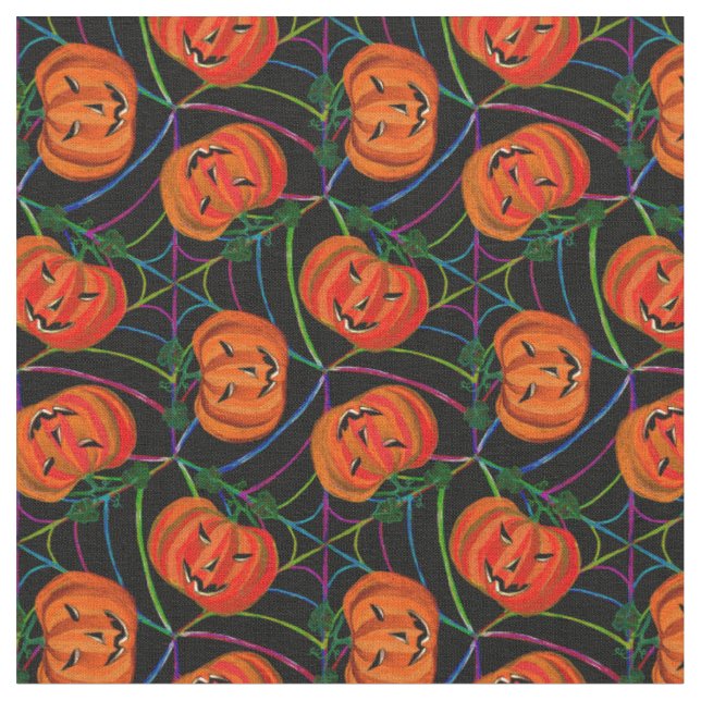 Halloween Jack o'lantern Cobwebs Pattern Pumpkins Fabric (Close Up)