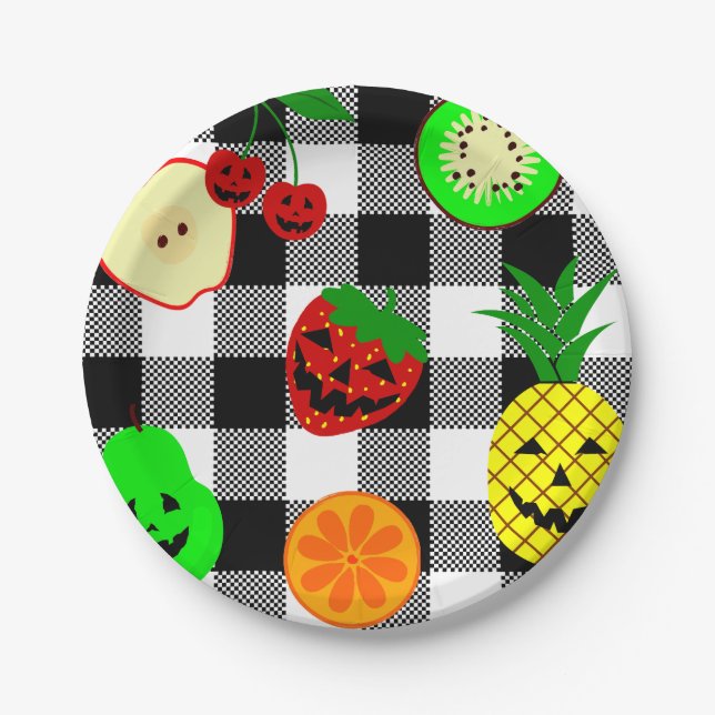 halloween jack o'lantern fruit gingham  paper plate (Front)