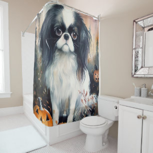 Halloween Japanese Chin With Pumpkins Scary Shower Curtain