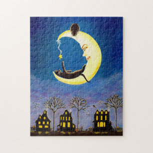 Halloween jigsaw puzzle,crescent moon with cats jigsaw puzzle