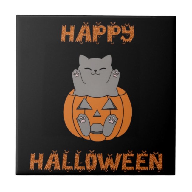 Halloween kat pompoen tegeltje tile (Front)