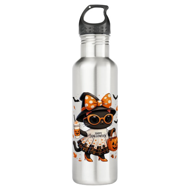 Halloween Kawaii Cat – Witch Cat with Pumpkin and  710 Ml Water Bottle (Front)
