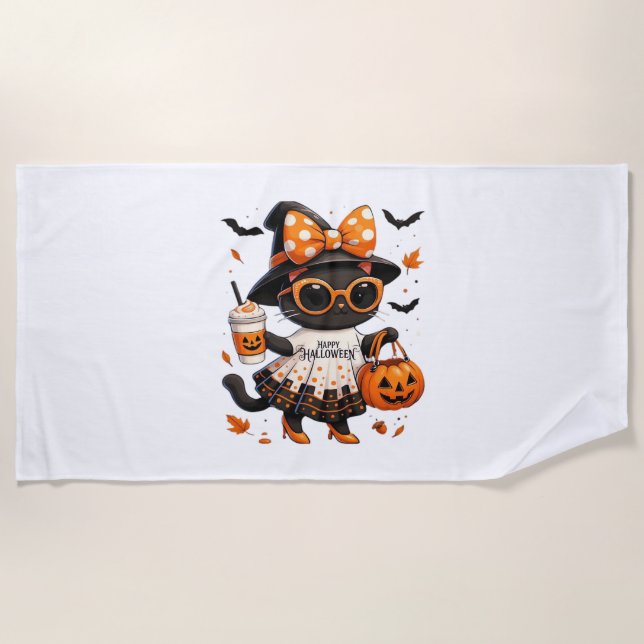 Halloween Kawaii Cat – Witch Cat with Pumpkin and  Beach Towel (Front)