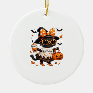 Halloween Kawaii Cat � Witch Cat with Pumpkin and  Ceramic Tree Decoration