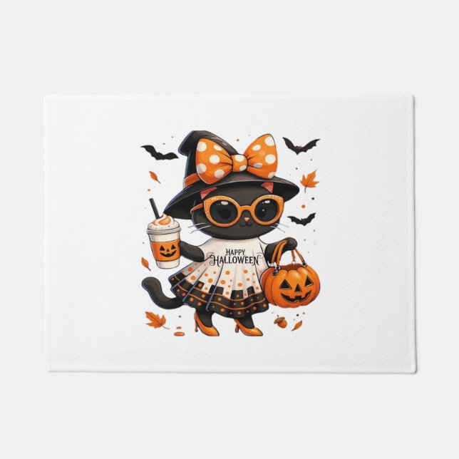 Halloween Kawaii Cat – Witch Cat with Pumpkin and  Doormat (Front)