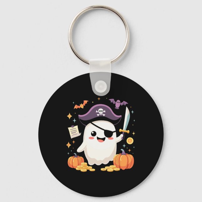Halloween Kawaii Ghost Dressed As Pirate For Spook Key Ring (Front)