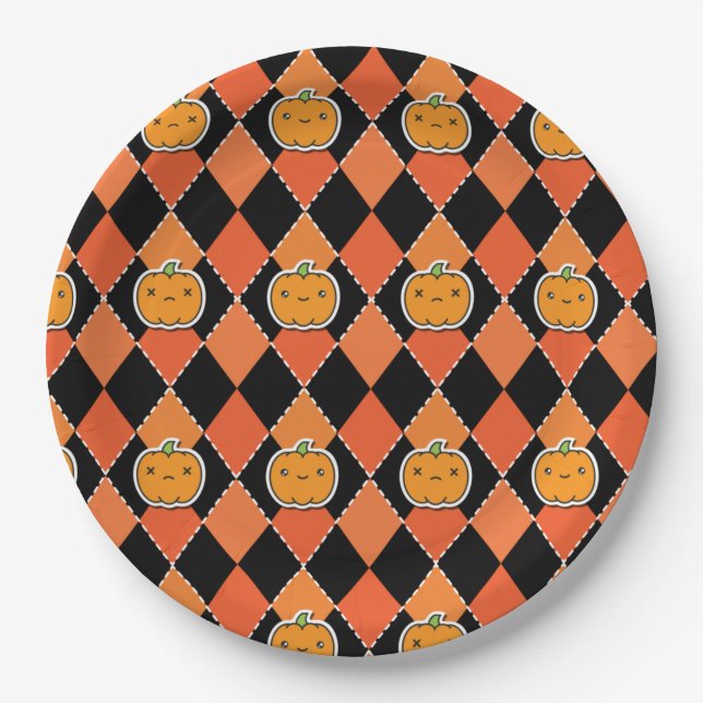Halloween Kawaii Jack-o-lantern Argyle Paper Plate (Front)