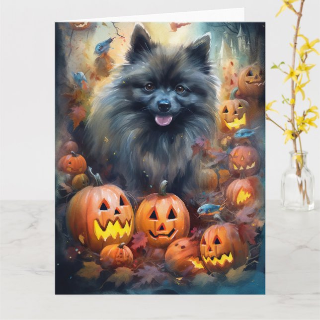 Halloween Keeshond With Pumpkins Scary Card (Yellow Flower)