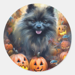 Halloween Keeshond With Pumpkins Scary Classic Round Sticker