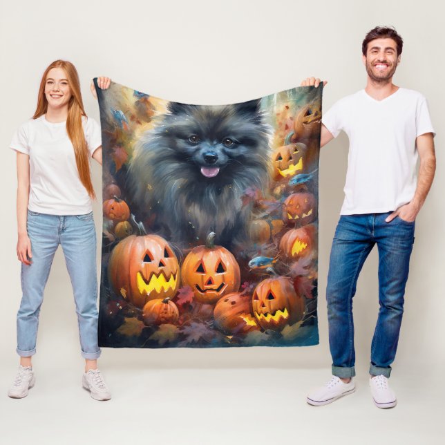 Halloween Keeshond With Pumpkins Scary Fleece Blanket (In Situ)