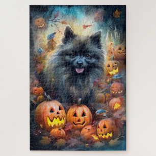 Halloween Keeshond With Pumpkins Scary Jigsaw Puzzle