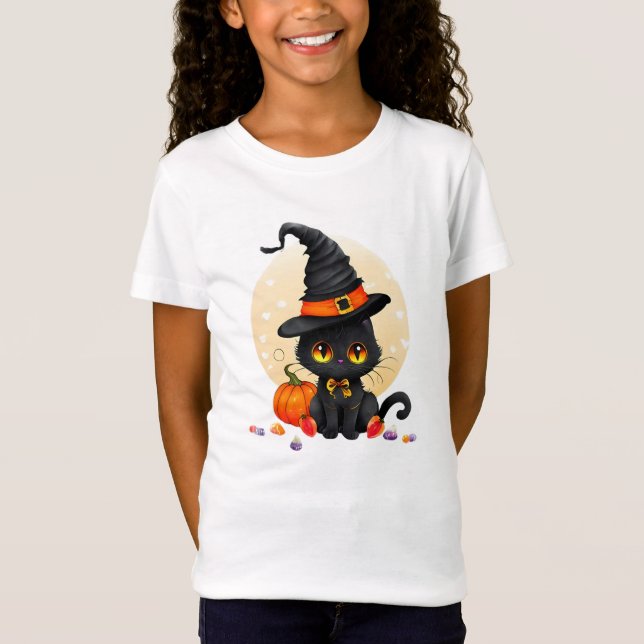 Halloween Kids Cute Black Cat T-Shirt (Front)