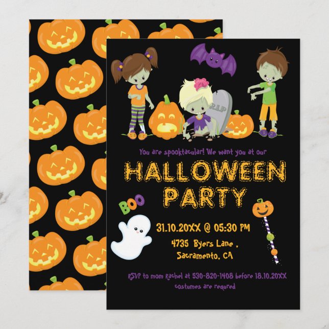 Halloween Kids Zombies Pumpkin Ghost Spooky Party Invitation (Front/Back)
