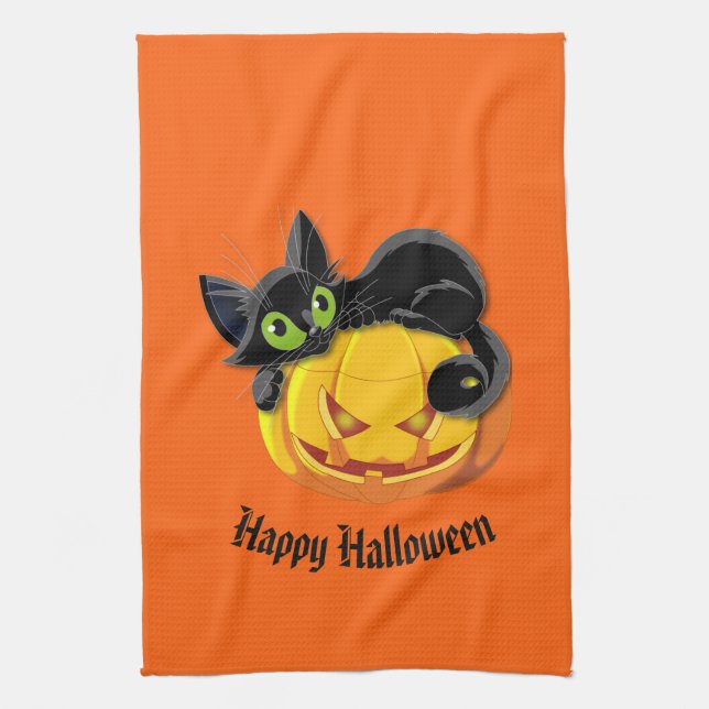 Halloween Kitchen Towel-Black Cat Tea Towel (Vertical)