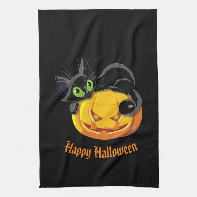 Halloween Kitchen Towel-Black Cat Tea Towel (Vertical)