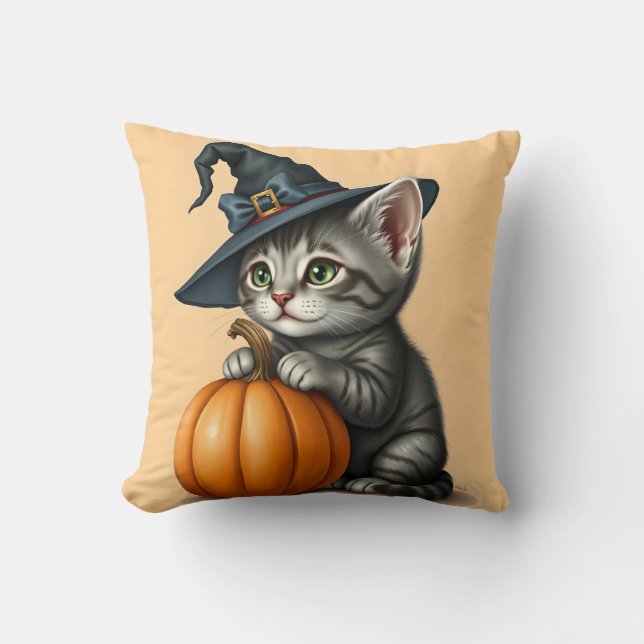 Halloween Kitten, Halloween Cat Wearing Witch Hat, Cushion (Front)
