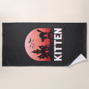 Halloween Kitten Haunted House Cat Design_1 Beach Towel
