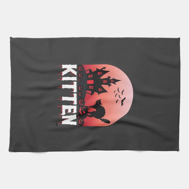 Halloween Kitten Haunted House Cat Design_1 Tea Towel (Horizontal)