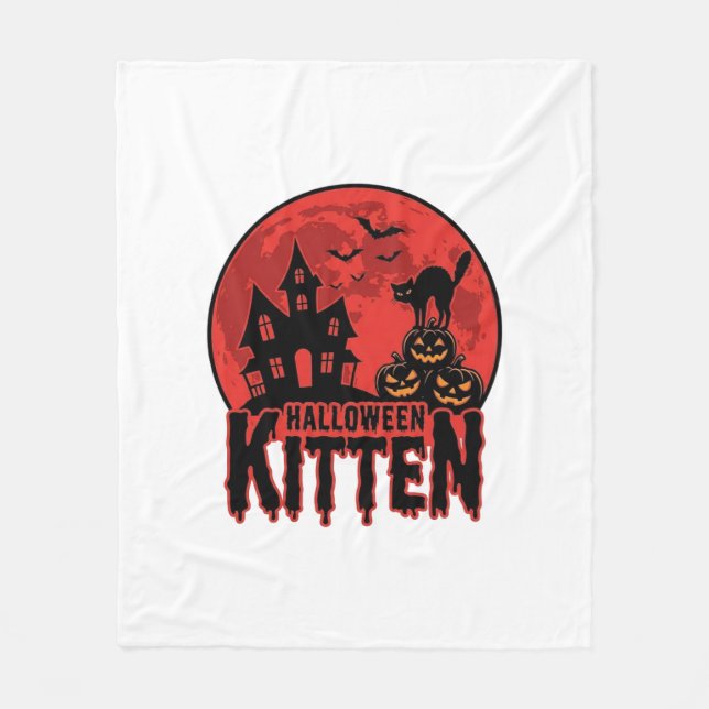 Halloween Kitten Haunted House Cat Graphic_1 Fleece Blanket (Front)