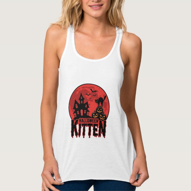 Halloween Kitten Haunted House Cat Graphic_1 Singlet (Front)