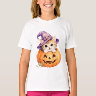 Halloween Kitten in Jack O Lantern Pumpkin Girls T-Shirt