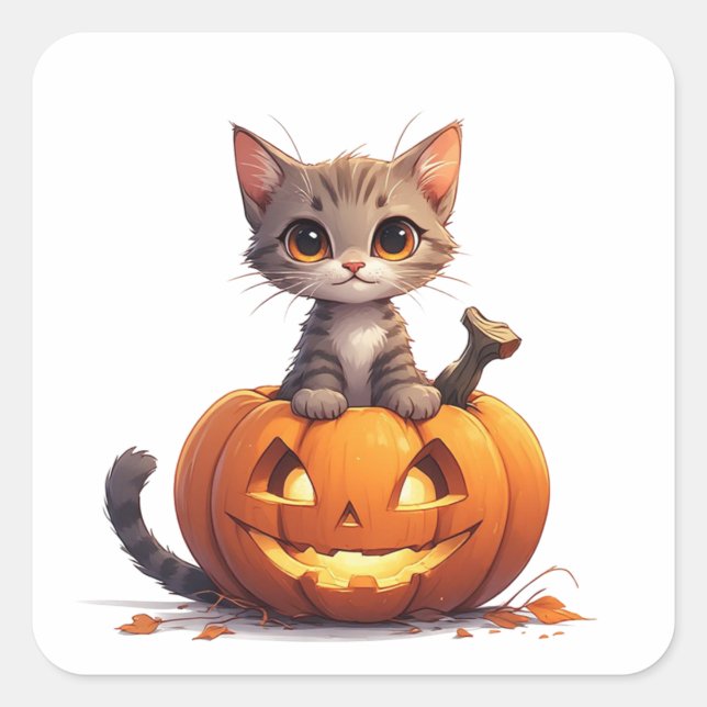 Halloween Kitten Peeking From Pumpkin Decor 🎃 Square Sticker (Front)