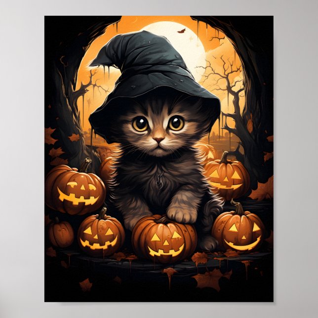 Halloween Kitten Witch With Leaves And Pumpkins Poster (Front)