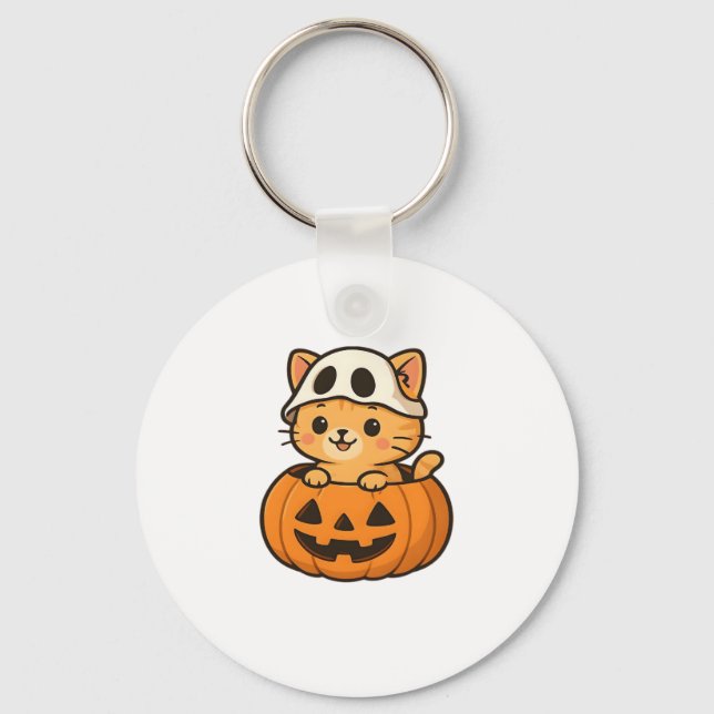 Halloween Kitty inside a pumpkin Classic T-Shirt Key Ring (Front)