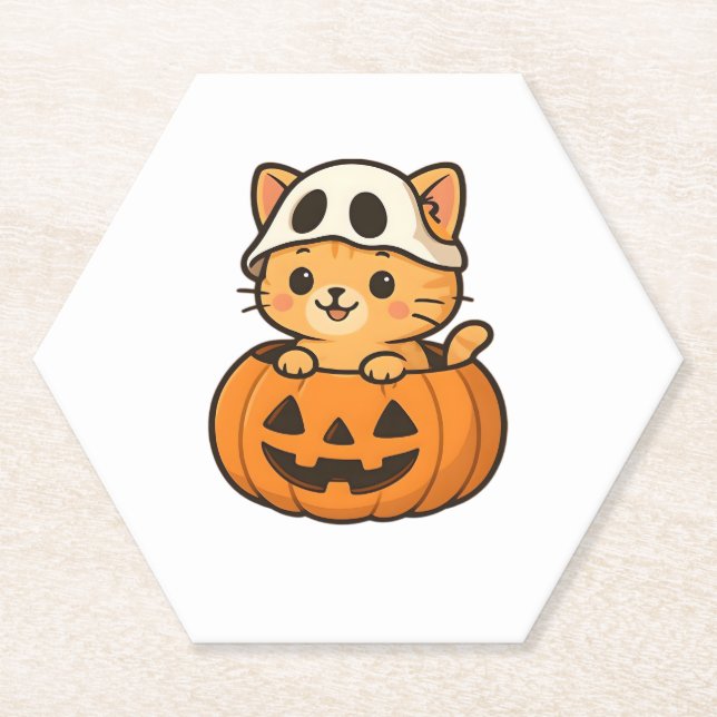 Halloween Kitty inside a pumpkin Classic T-Shirt Paper Coaster (Front)
