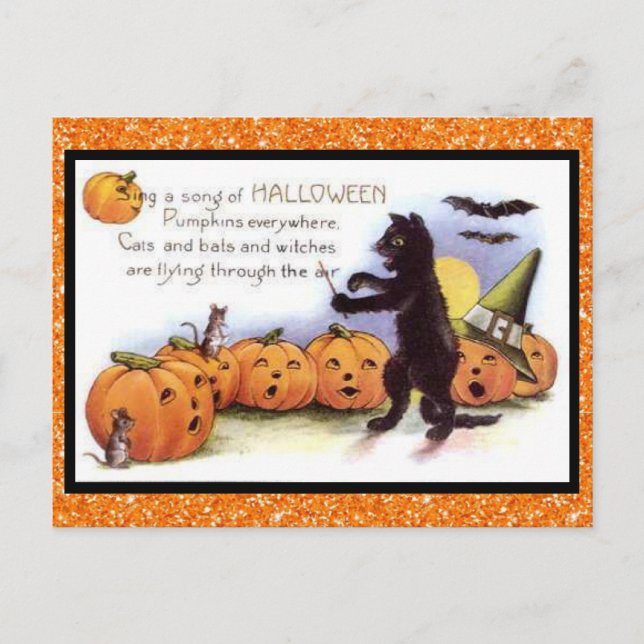 Halloween Kitty, Pumpkin Chorus Vintage Glittery Postcard (Front)