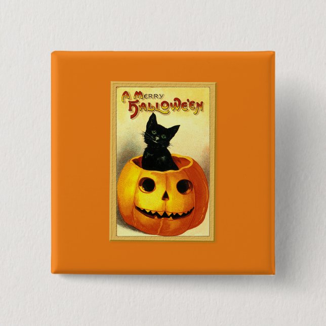 Halloween Kitty Sitting in Jack O Lantern 15 Cm Square Badge (Front)