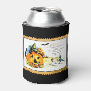 Halloween Kitty Sitting in Jack O Lantern Can Cooler