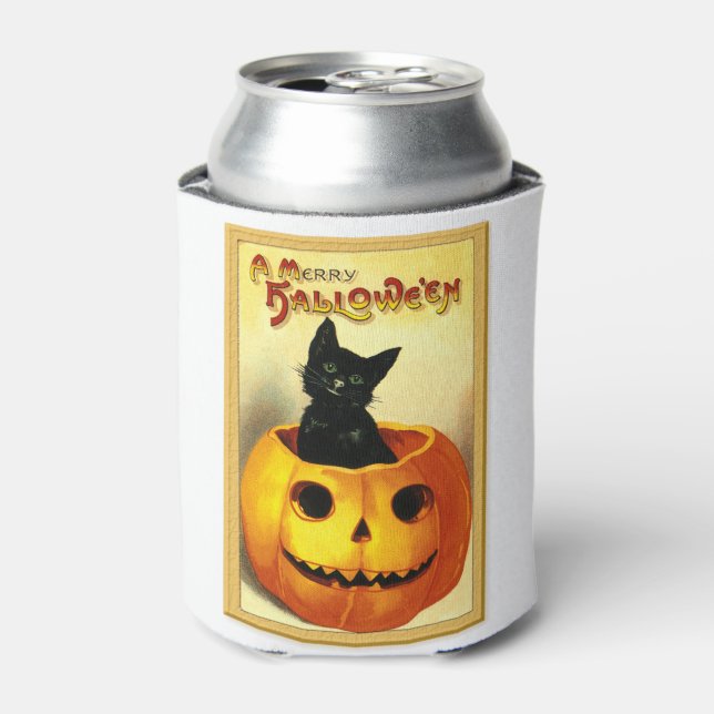 Halloween Kitty Sitting in Jack O Lantern Can Cooler (Can Front)