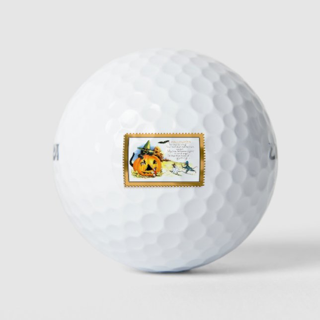 Halloween Kitty Sitting in Jack O Lantern Golf Balls (Front)