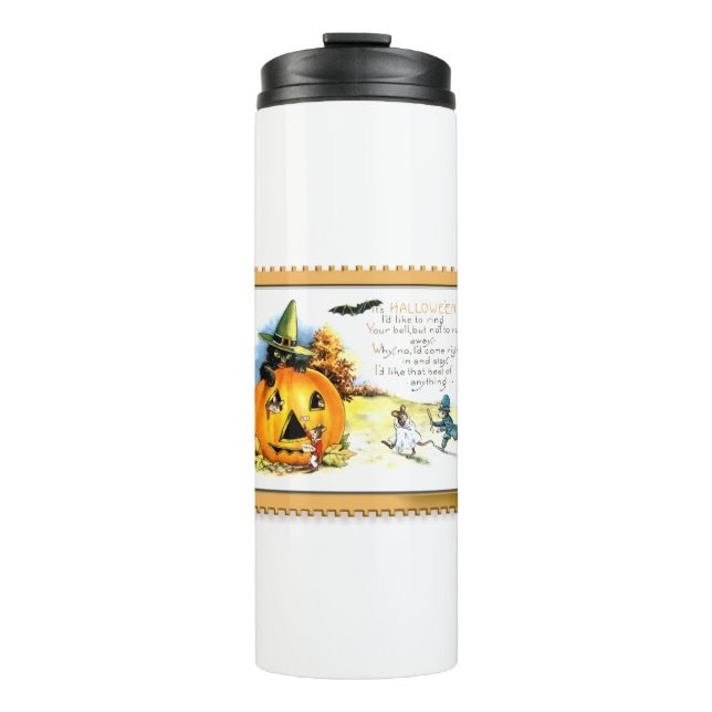 Halloween Kitty Sitting in Jack O Lantern Thermal Tumbler (Front)
