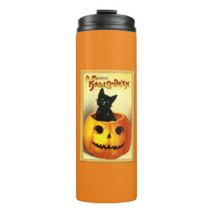 Halloween Kitty Sitting in Jack O Lantern Thermal Tumbler