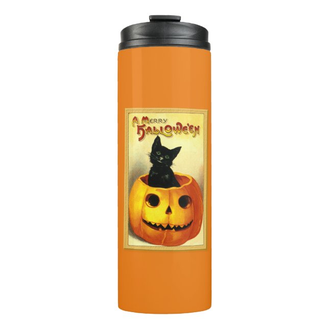Halloween Kitty Sitting in Jack O Lantern Thermal Tumbler (Front)