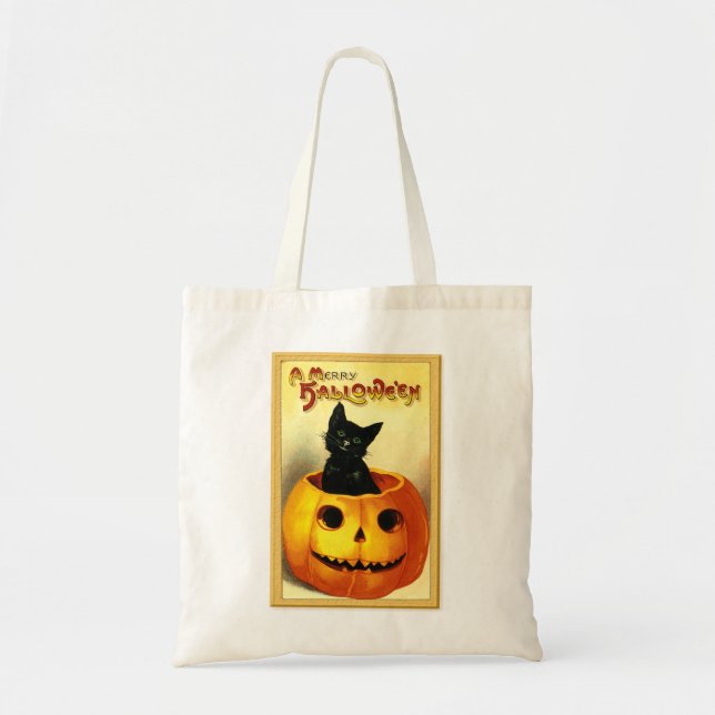 Halloween Kitty Sitting in Jack O Lantern Tote Bag (Front)
